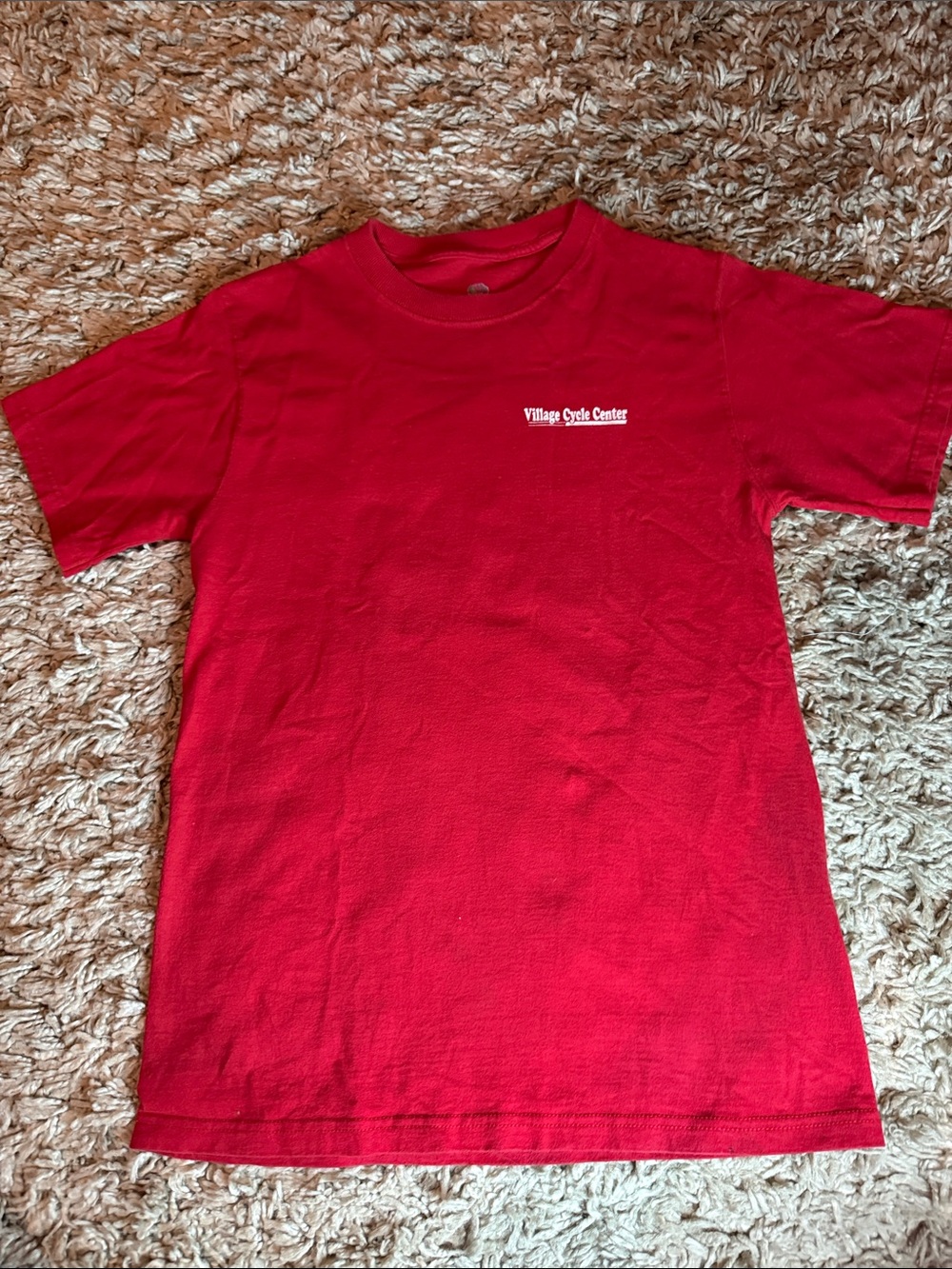 Fruit of the Loom Red "Village Cycle Center" Tee with Bike Experts Graphic
